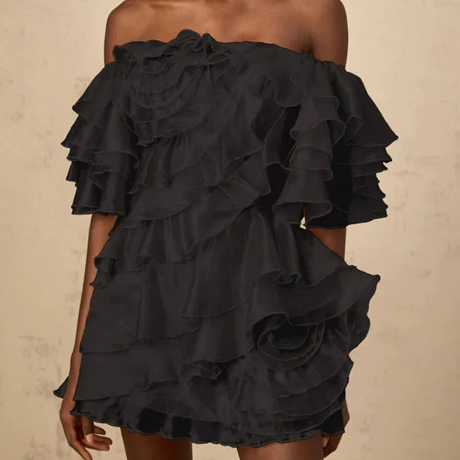 Solid Slimming Spliced 3D Flowers Mini Dresses for Women Slash Neck Off Shoulder Patchwork Ruffles Dress Female New