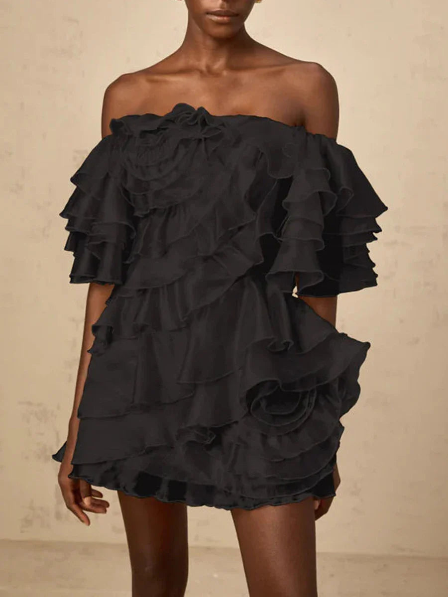 Solid Slimming Spliced 3D Flowers Mini Dresses for Women Slash Neck Off Shoulder Patchwork Ruffles Dress Female New