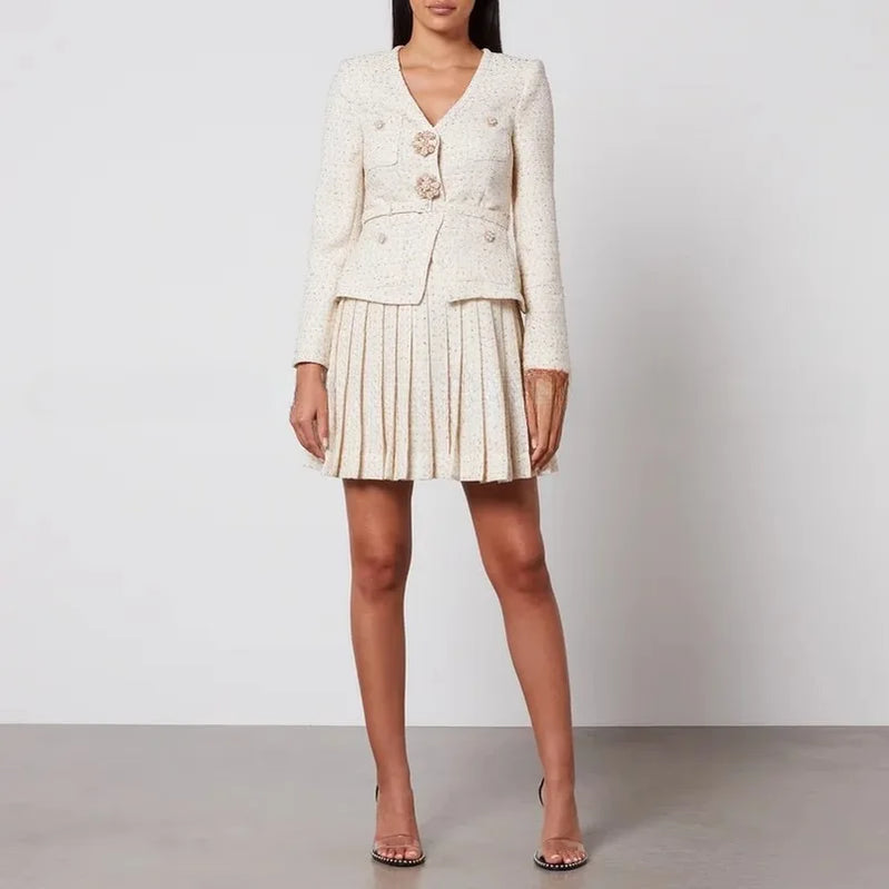 TWOTWINSTYLE Solid Slimming Two Piece Sets for Women V Neck Long Sleeevs Spliced Button Top High Waist Pleated Skirts Set Female