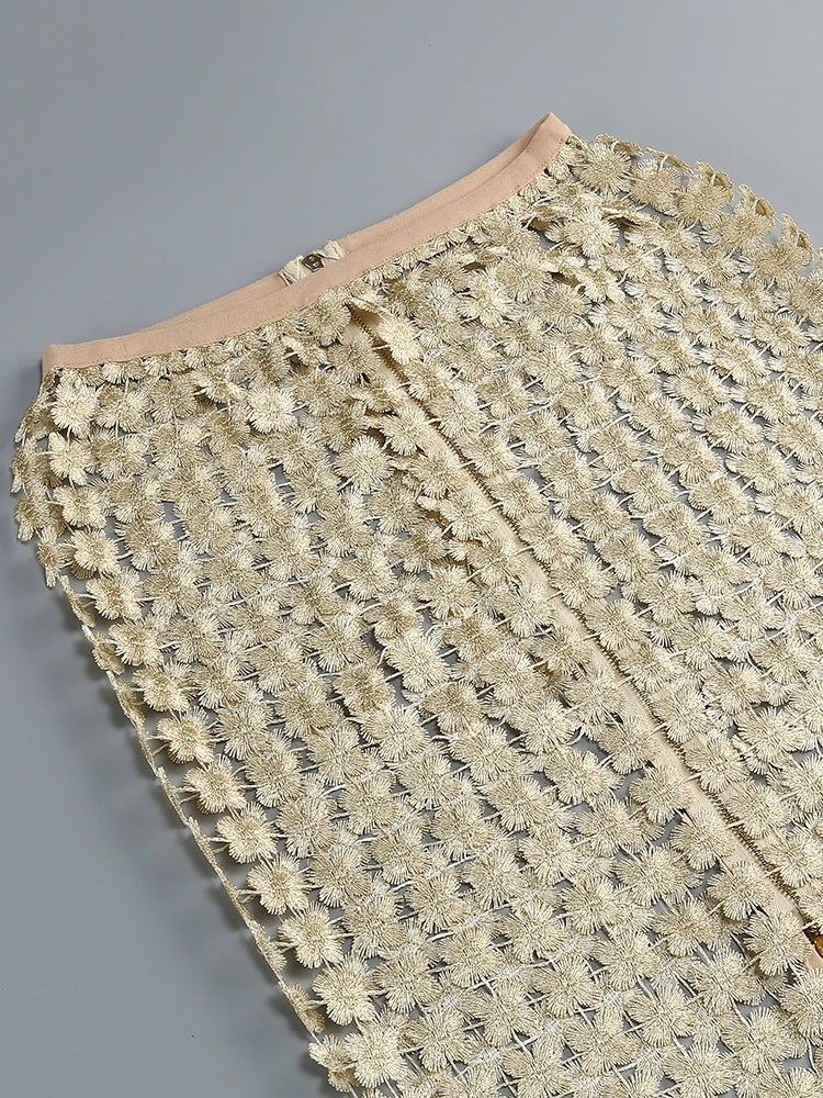 VC Stylish Beige Sleeveless Cropped Top & Sheer Skirt Set with Zipper for Festival & Party Chic Dress Gown