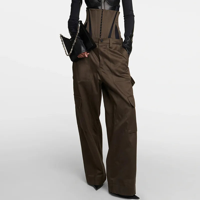 Pantalones de pierna ancha de mujeres con cintura alta de dos piezas Corsé desmontable Boning Pantalones de carga de oliva unisex