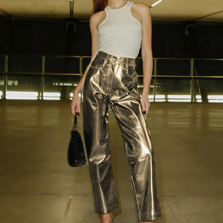 Metallic High Waist Straight Jeans Women Autumn New Printing Loose Wide Leg Denim Pants Streetwear Harajuku Vintage Brown Leather Pant