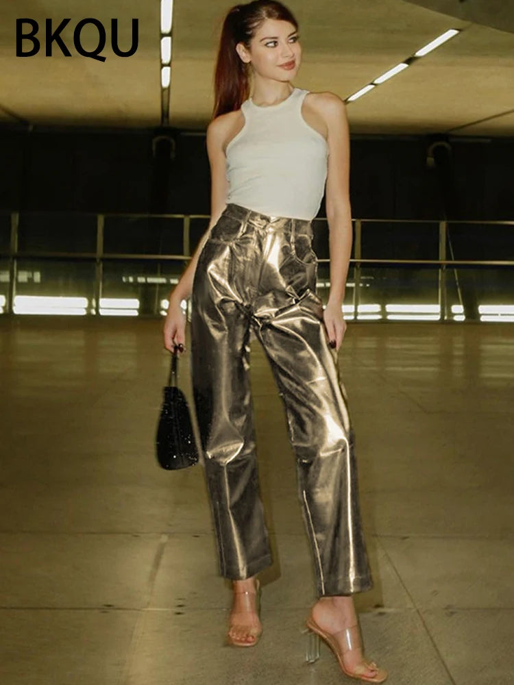 Metallic High Waist Straight Jeans Women Autumn New Printing Loose Wide Leg Denim Pants Streetwear Harajuku Vintage Brown Leather Pant