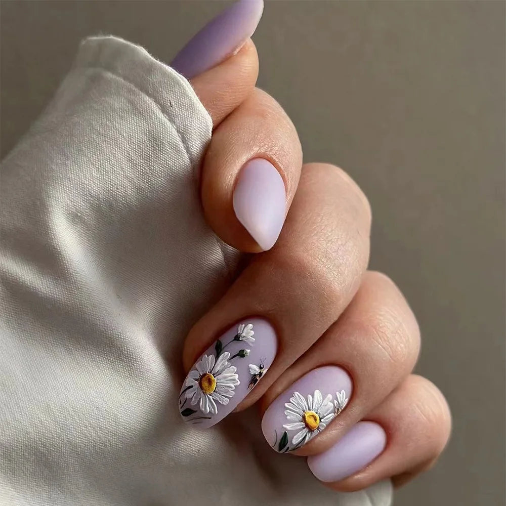 24pcs Garden Style False Nails With Colorful Flower Designs Glossy Almond Press On Nails Full Cover Artificial Autumn Fake Nail