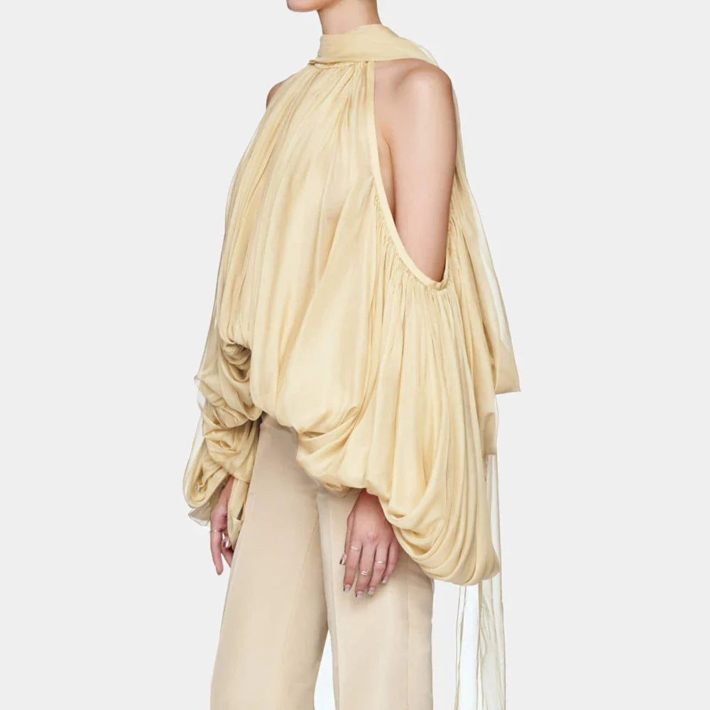 Solid Loose Spliced Folds Mini Blouse for Women Round Neck Long Sleeves Patchwork Hollow Out Elegant Top Female New