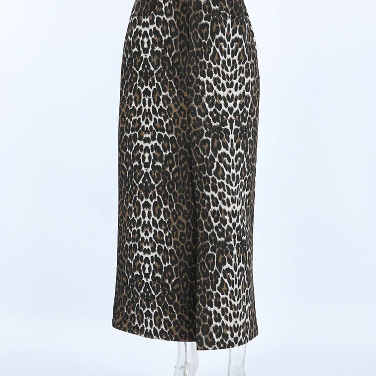 Mnealways18 Vintage Leopard Print Straight Skirts Female Street Chic High Waist Long Skirt Summer Office Split Skirt Cotton