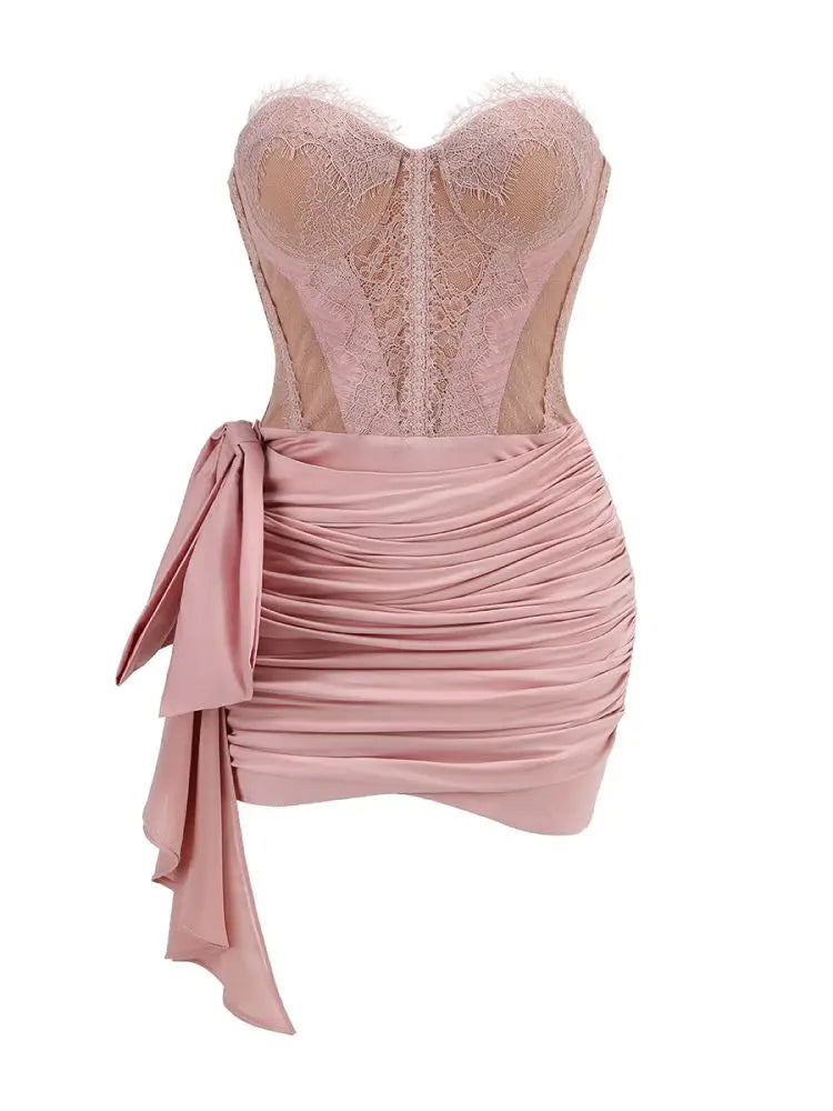 VC Black Lace Bow Mini Dress See Through Ruched Short Dress Celebrity Night Club Wear Cocktail Party Outfits