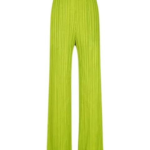 Spring Summer Autumn Women Casual Elegant Ladies Miyake Designer Casual Loose Straight Pleated Pants High Waist Trousers Fluorescent green One Size