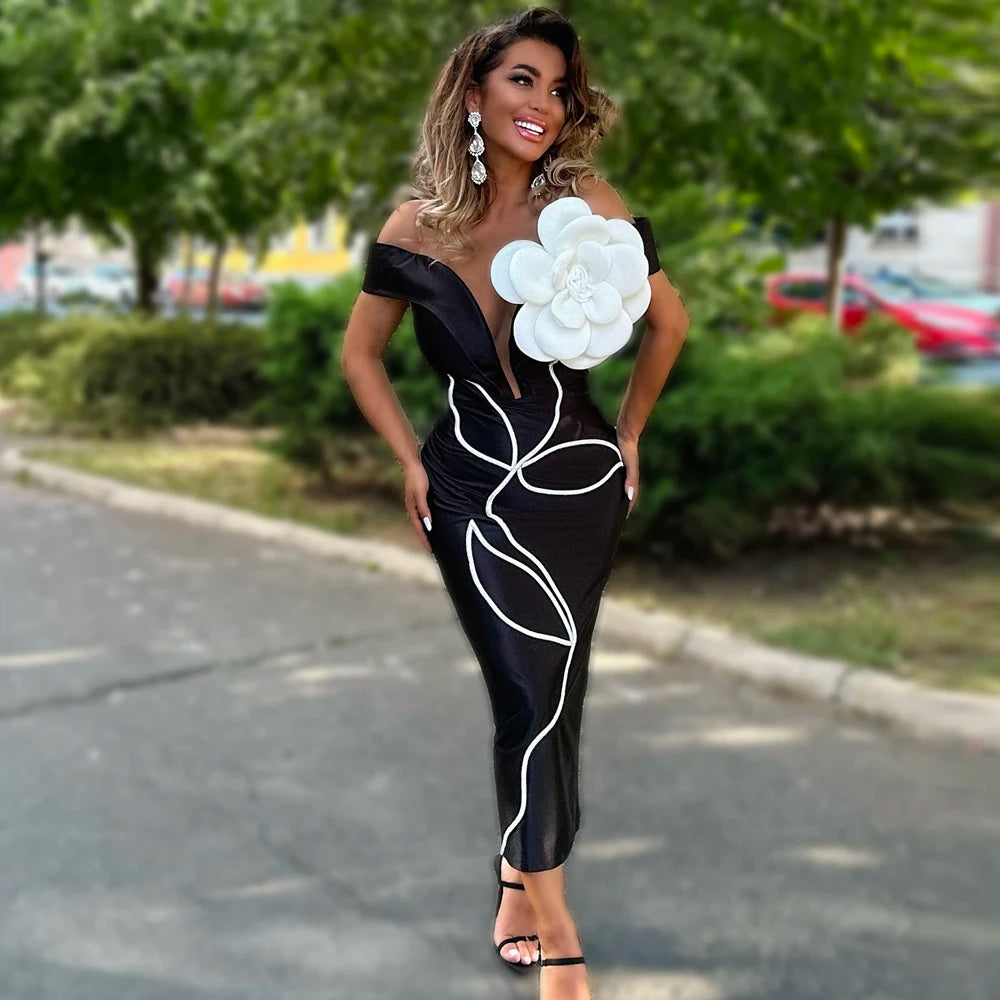 Black Red Color Women Sexy Strapless Big Flowers Bodycon Bandage Long Dress Celebrate Birthday Vacation Cocktail Dress Wholesale