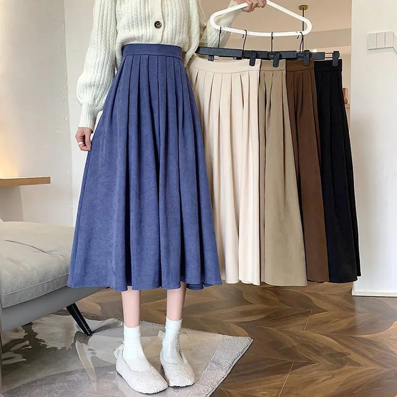 Vintage Brown High Waist Pleated Skirt Women Korean Fashion College Style Long Skirt Ladies Autumn Casual A line Skirts