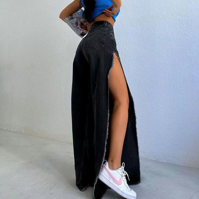 High Waisted Side Split Out Jeans Women Casual Loose Cargo Black Pants Streetwear Autumn Wide Leg Long Baggy Y2k Jeans XY23154SK