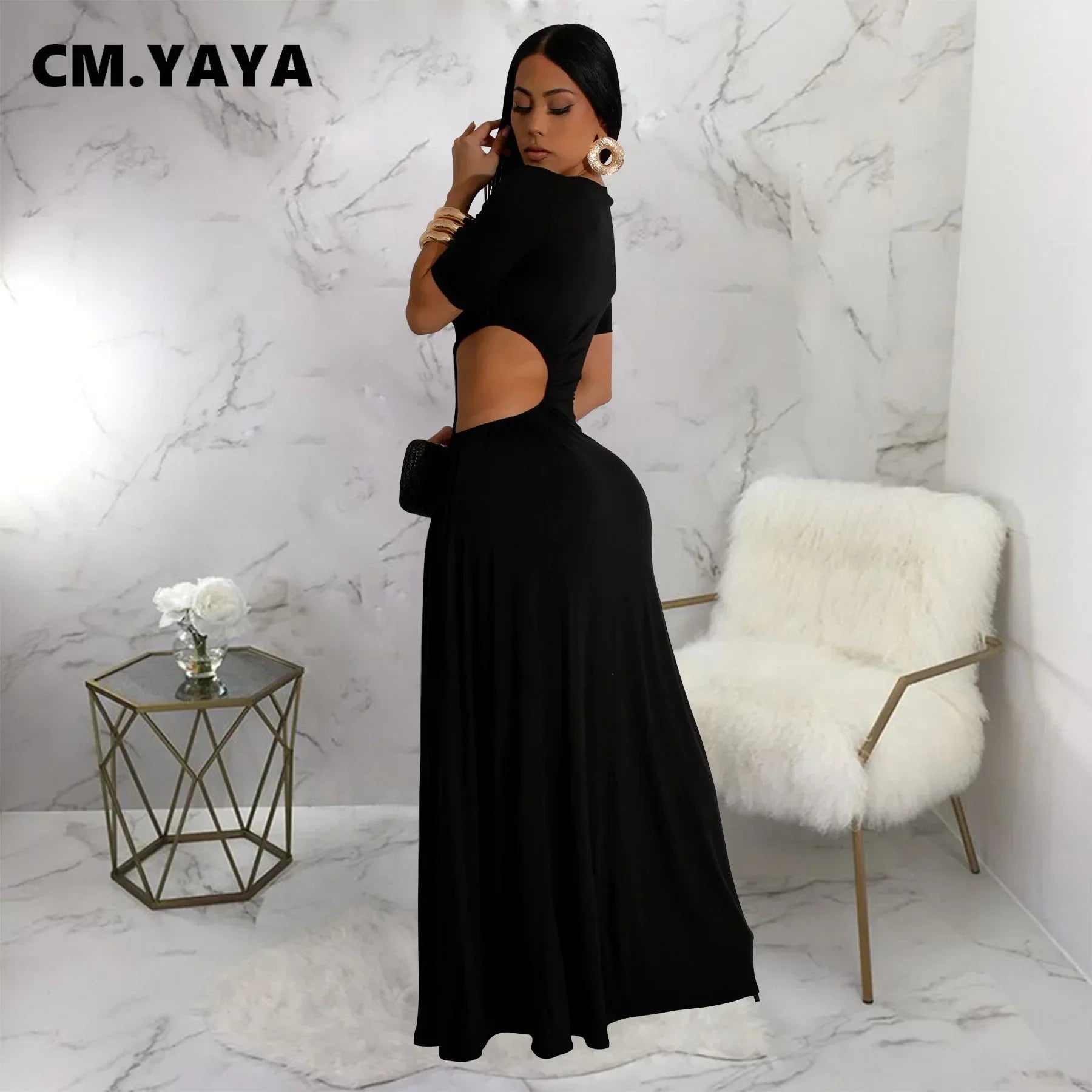 CM.YAYA Women O-neck High Split Ruched Bodycon Midi Maxi Dress 2024 Fall Street Evening Party Club Vestidos Sexy Long Dresses