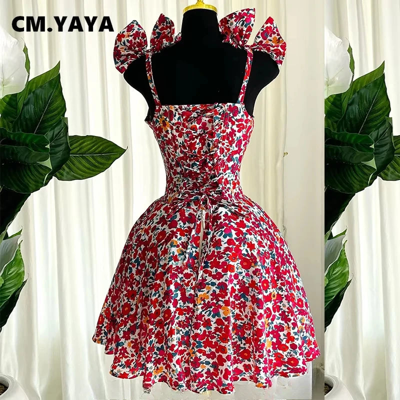 CM.YAYA Women Floral Printed Sleeveless Bowknot Strap Big Swing Mini Dress 2025 Evening Sexy Beach Party Birthday Street Dresses