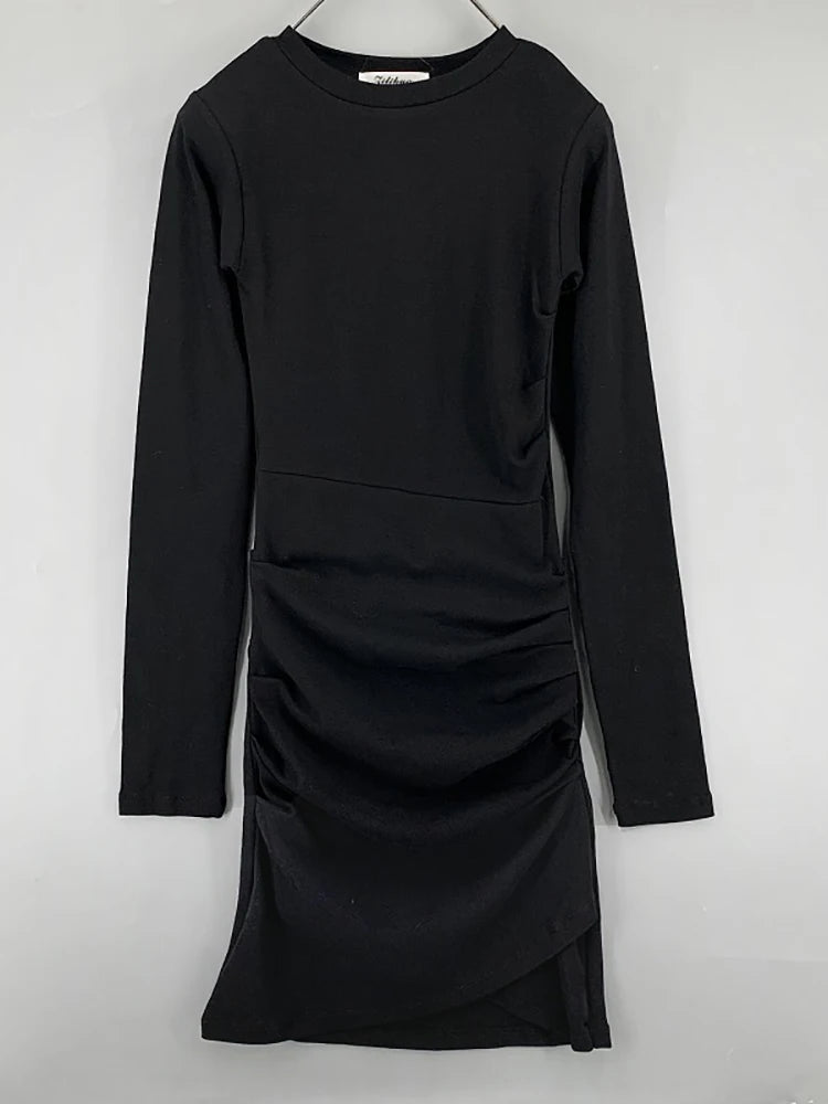 AOSSVIAO 2024 long sleeve ruched pure sexy bodycon mini dress spring summer women streetwear party outfits clubwear black brown