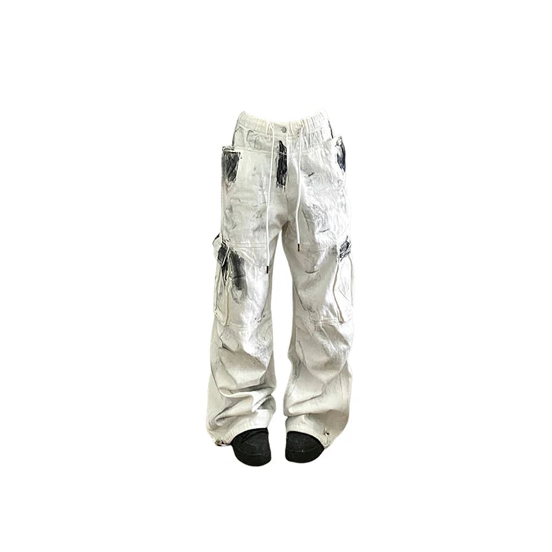Women's White Cargo Jeans Y2k 90s Vintage High Waist Wide Leg Denim Trousers Harajuku Baggy Jean Pants 2000s Trashy Clothes Picture Color