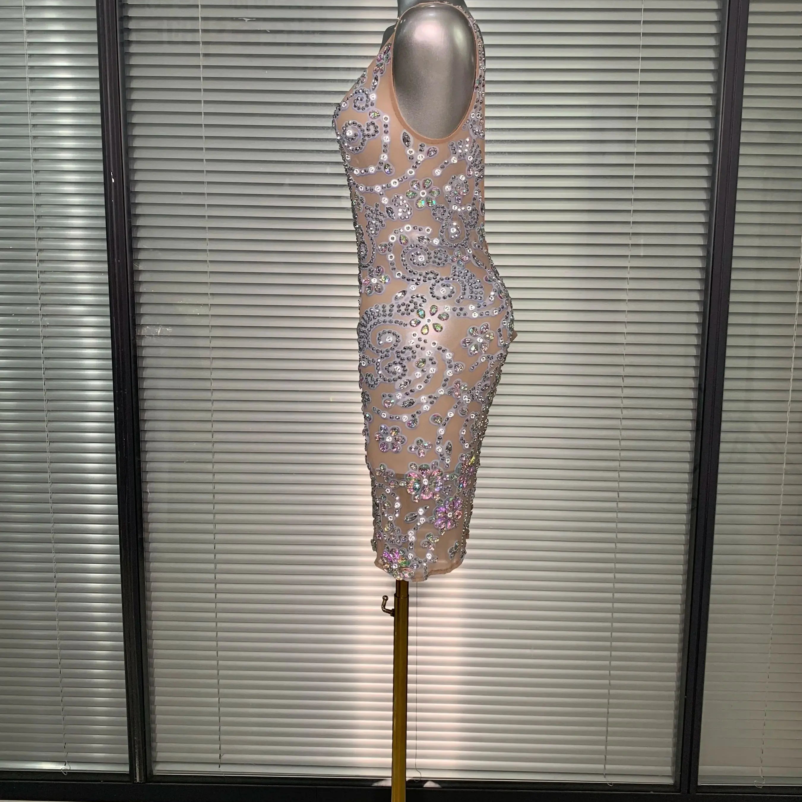 Celebrity New Women Sexy Mesh Sheer Crystal Stage Costume Stage Dancer Singer See Through Night Club Mini Party Dress