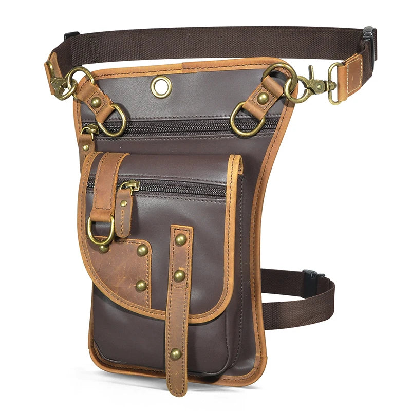 Original Leather Multifunction Men Travel Shoulder Crossbody Messenger Bag Hook Belt Waist Pack Drop Leg Phone Case Bag PU-coffee