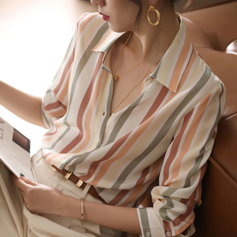 Stripe Women Shirt Satin Vintage Shirt for Women Autumn Clothes Korean Fashion Shirts and Blouses Basic Elegant Womens Tops
