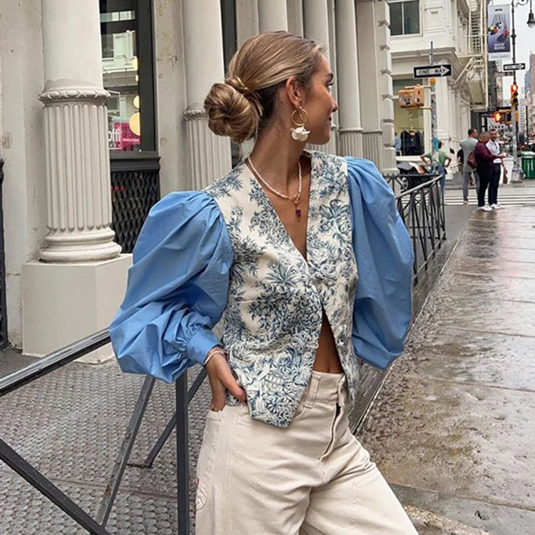 Chic Patchwork Print Floral Shirt Women V-neck Coil Buckle Lantern Sleeve Split Female Blouse Spring Summer Lady Streetwear