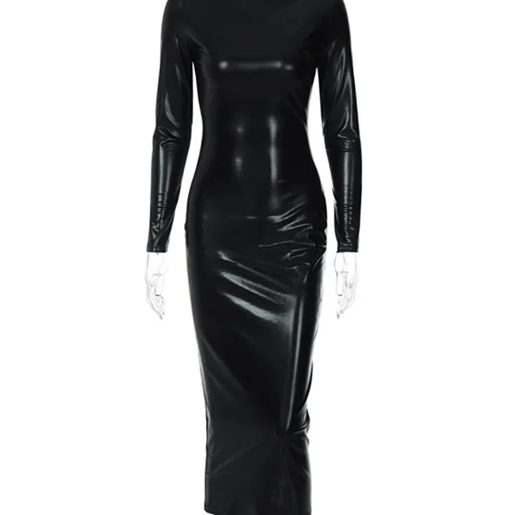 Black Midi Bodycon Dress Sexy Women Turtleneck Long Sleeve Pu Leather Party Dresses Club Elegant 2024 Autumn Winter