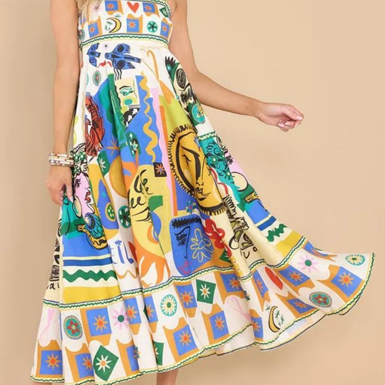 Elegant Printed Sleeveless Swing Dress Women's High Waist Suspender Backless Sexy Women's Summer Beach Vacation Robe