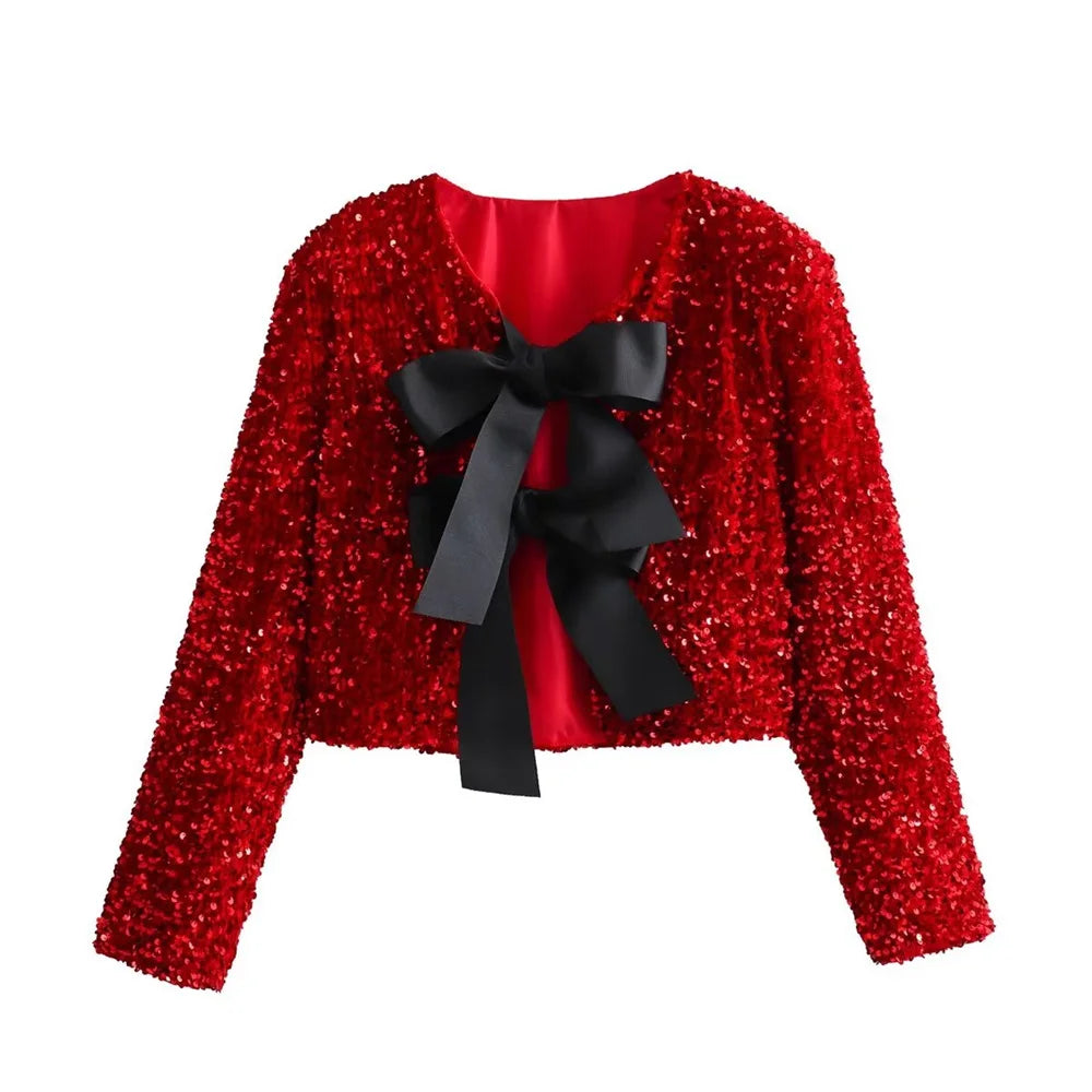 Zach Ailsa 2024 Early Spring New Women's Style Round Neck Long sleeved Bow Tie with Sequin Decoration Top Short Coat Red