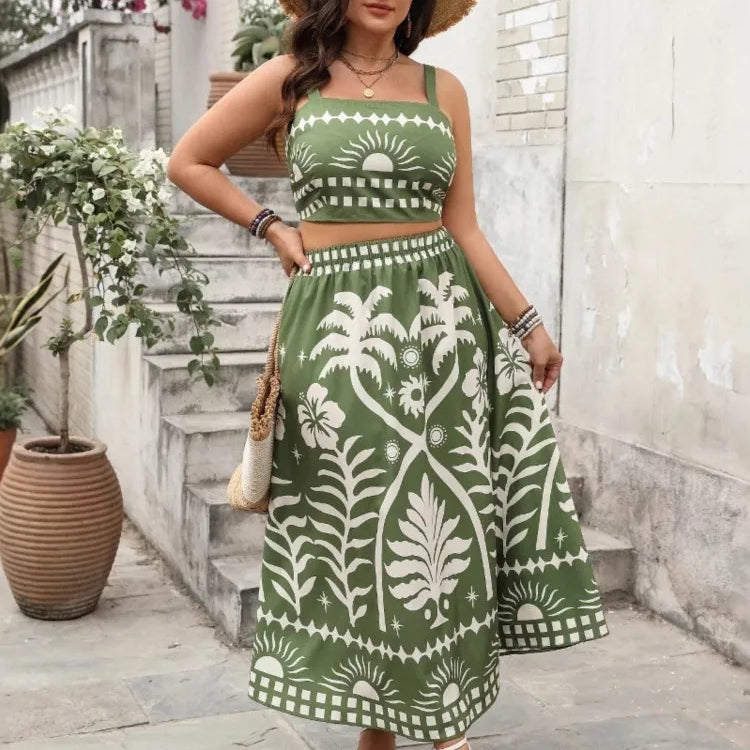 Plus Size Summer Floral 2 Two Piece Set Women Slim Ladies Cropped Sleeveless Slip Tops Ruffle Fashion High Waist Woman Skirts