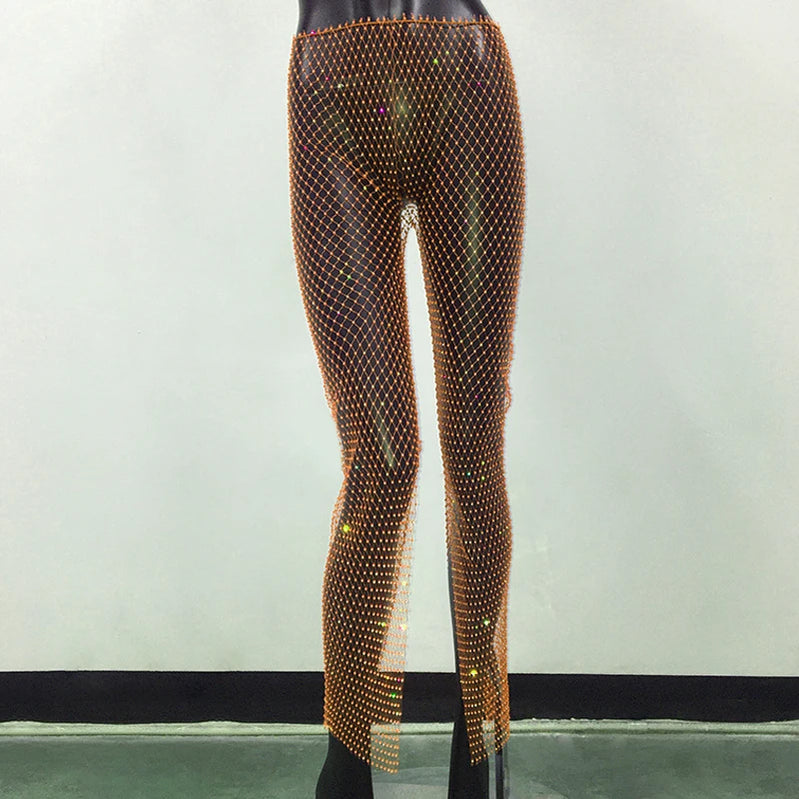 Bling Rhinestone See Through Fishnet Trousers For Women Sexy Mesh Hollow Out Side Split Long Bottoms Pants Club Party Trousers Orange One Size