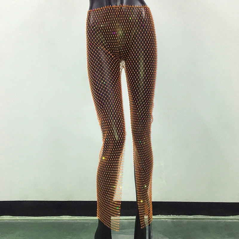 Bling Rhinestone See Through Fishnet Trousers For Women Sexy Mesh Hollow Out Side Split Long Bottoms Pants Club Party Trousers Orange One Size