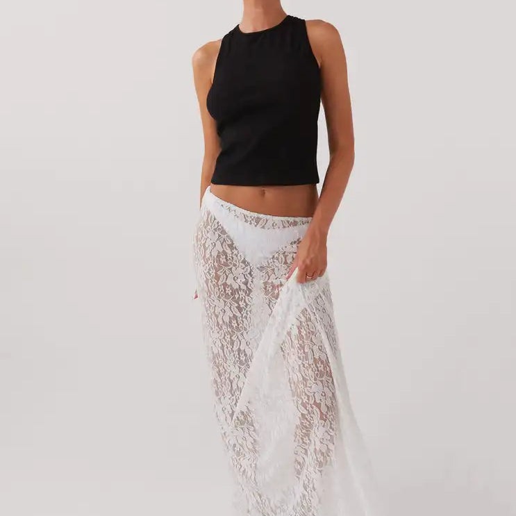 Lace Skirt Women White See Through Floral Lace Low Waist Midi Skirts y2k Aesthetic Fairycore Beach Skirt Clubwear
