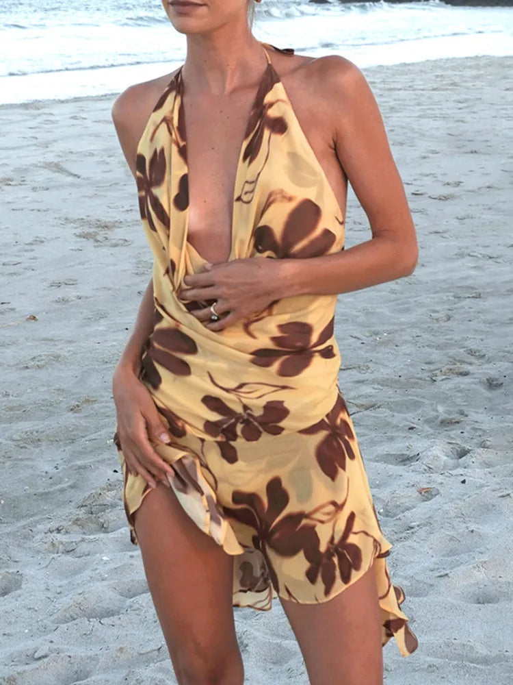 Halter Print Sexy Mini Dress For Women Robe Elegant Deep V Neck Sleeveless Backless Ruffled High Waist Beach Dress