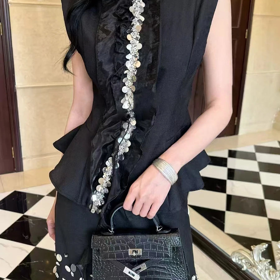 TWOTWINSTYLE Solid Two Piece Sets for Women Round Neck Sleeveless Patchwork Sequin Vest High Waist Sheer Skirt Set Female New