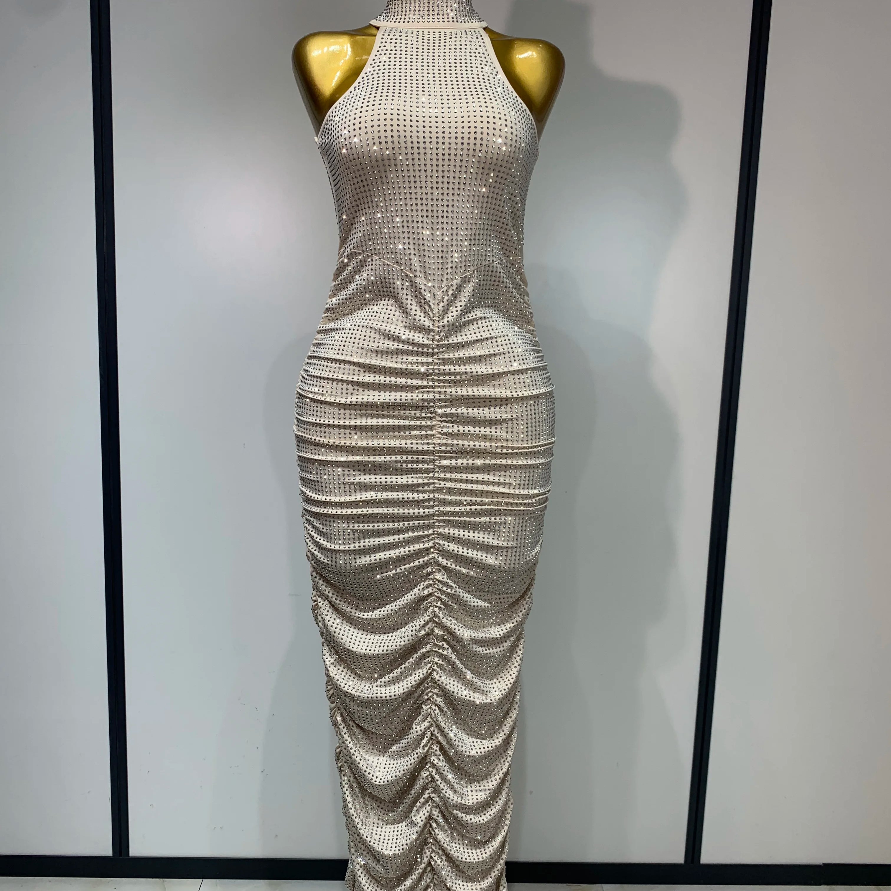 Women Sexy Backless Sleeveless Sparkly Diamonds Dress Slim Formal Elegant Celebrity Cocktail Party Luxury Birthday Gown Vestido