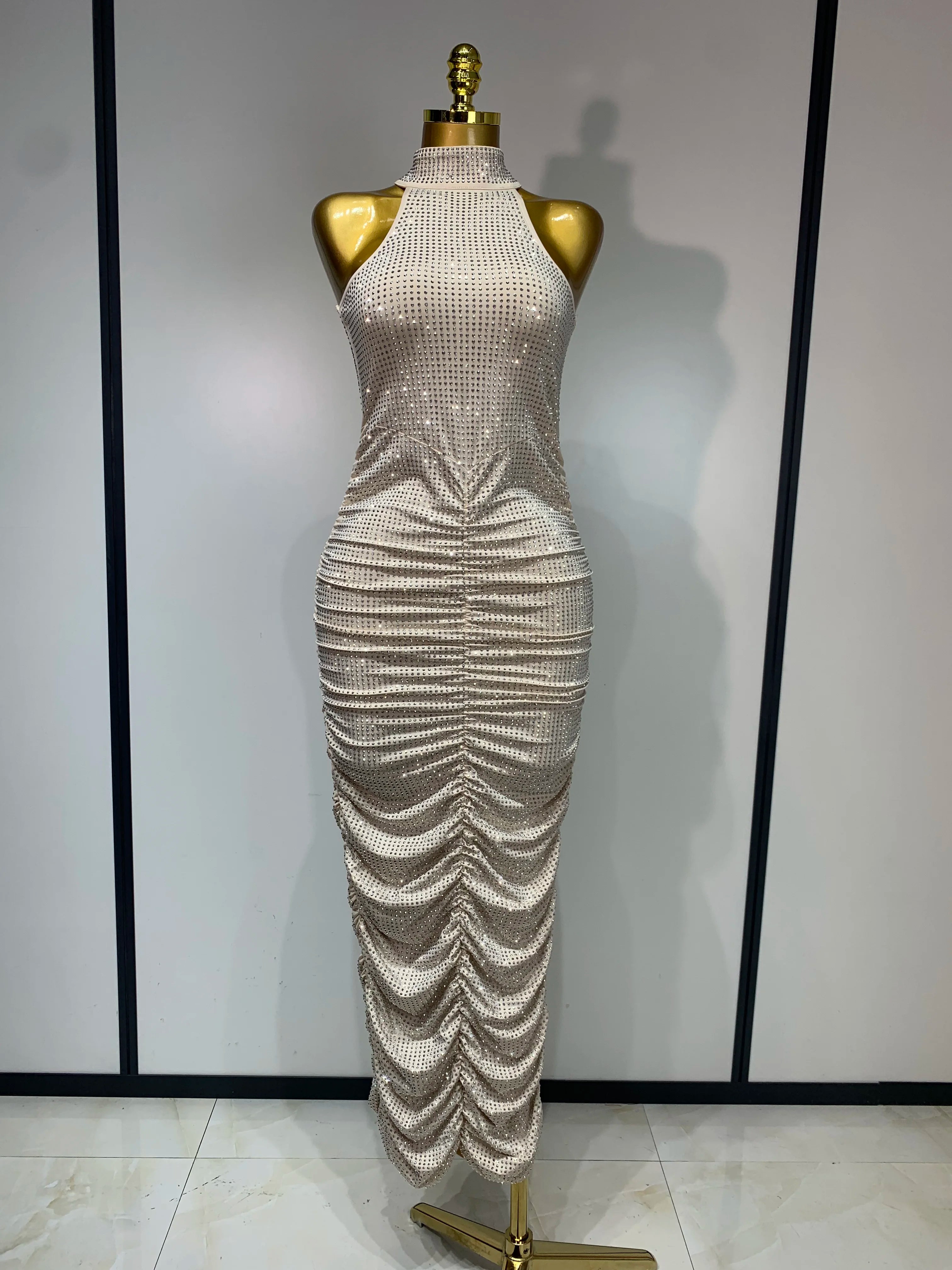 Women Sexy Backless Sleeveless Sparkly Diamonds Dress Slim Formal Elegant Celebrity Cocktail Party Luxury Birthday Gown Vestido