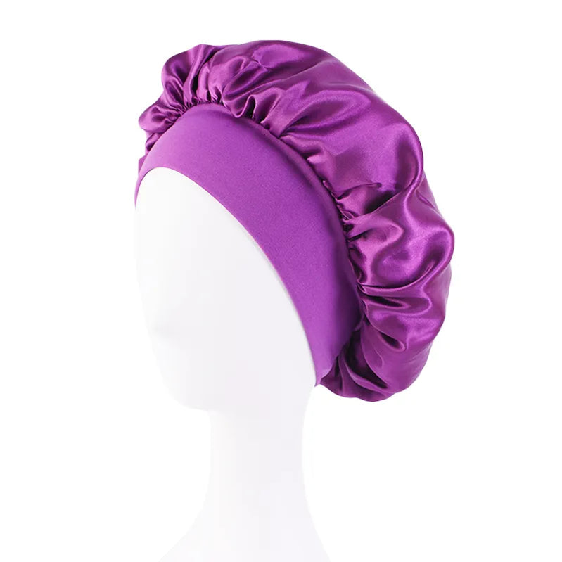 Women's Satin Solid Wide-brimmed Sleeping Hat Unisex Head Wrap Elastic Band Cap Hair Care Bonnet Night Hat bonnet de nuit Dark Purple
