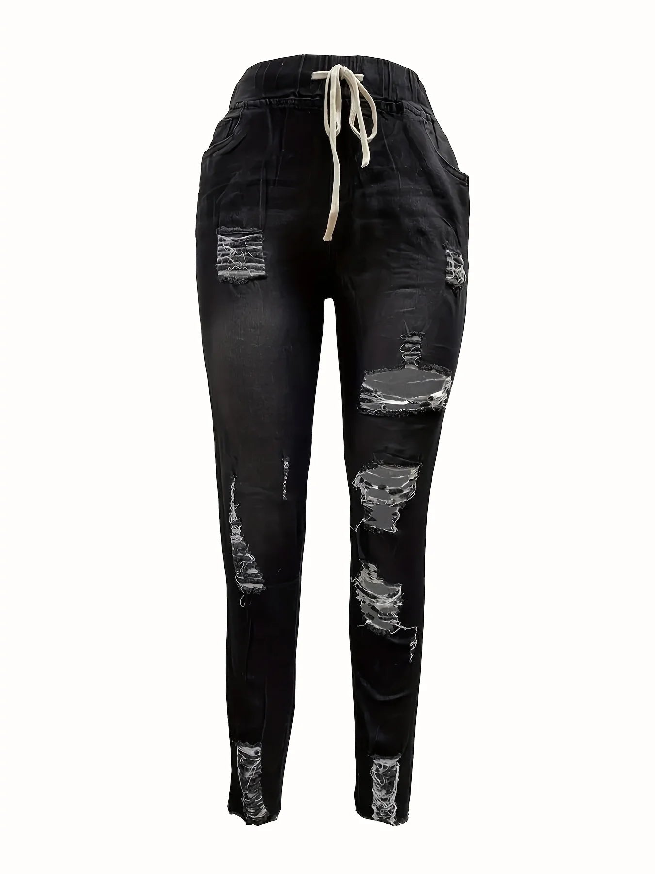 Black Ripped Holes Skinny Jeans, Slim Fit Distressed Raw Hem Elastic Waist Denim Pants, Women's Denim Jeans & Clothing