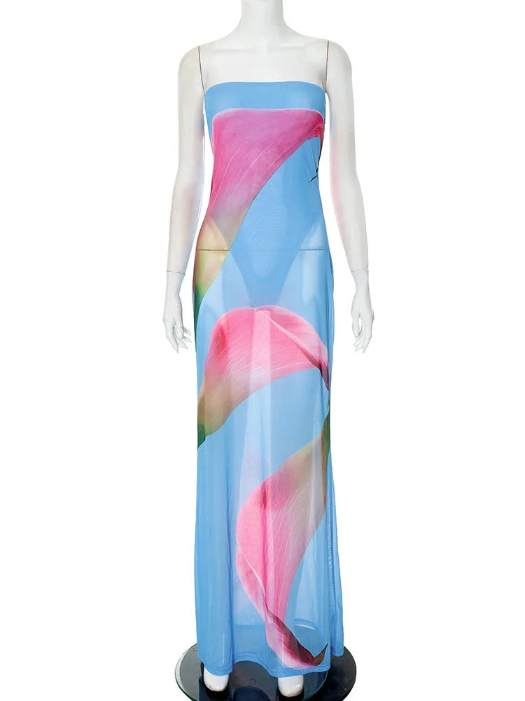 Floral Print Strapless Sexy Maxi Dress For Women Gown Patchwork Off-shoulder Backless Sleeveless Print Long Dress