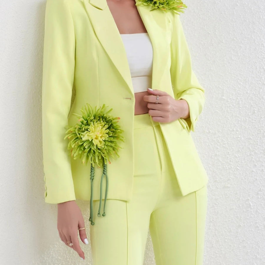 TWOTWINSTYLE Solid Slimming Spliced 3D Flower Two Piece Sets for Women Lapel Long Sleeves Patchwork Button Top Pant Set Female