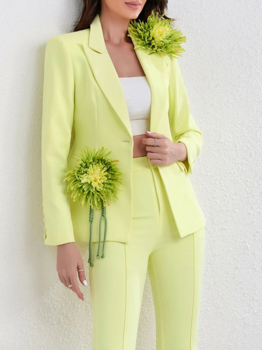 TWOTWINSTYLE Solid Slimming Spliced 3D Flower Two Piece Sets for Women Lapel Long Sleeves Patchwork Button Top Pant Set Female