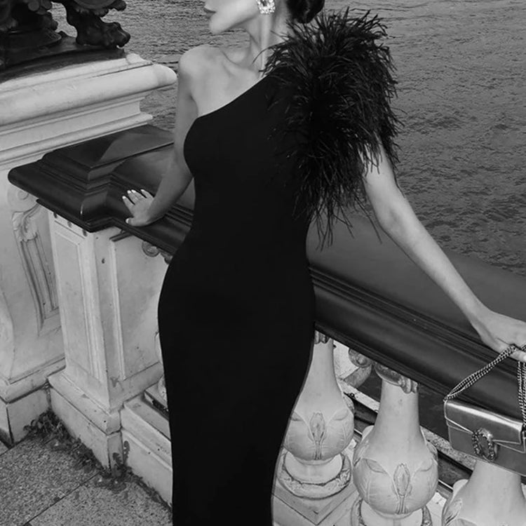 Black Sleeveless One Shoulder Feather Maxi Dress For Women Bodycon Sexy Party Elegant Long Dress Birthday Evening Outfit
