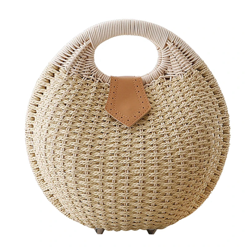 Holiday Shell Handbags Personality Cute Rattan Bag Casual Small Round Tote Woven Female Fashion Beach Bag apricot