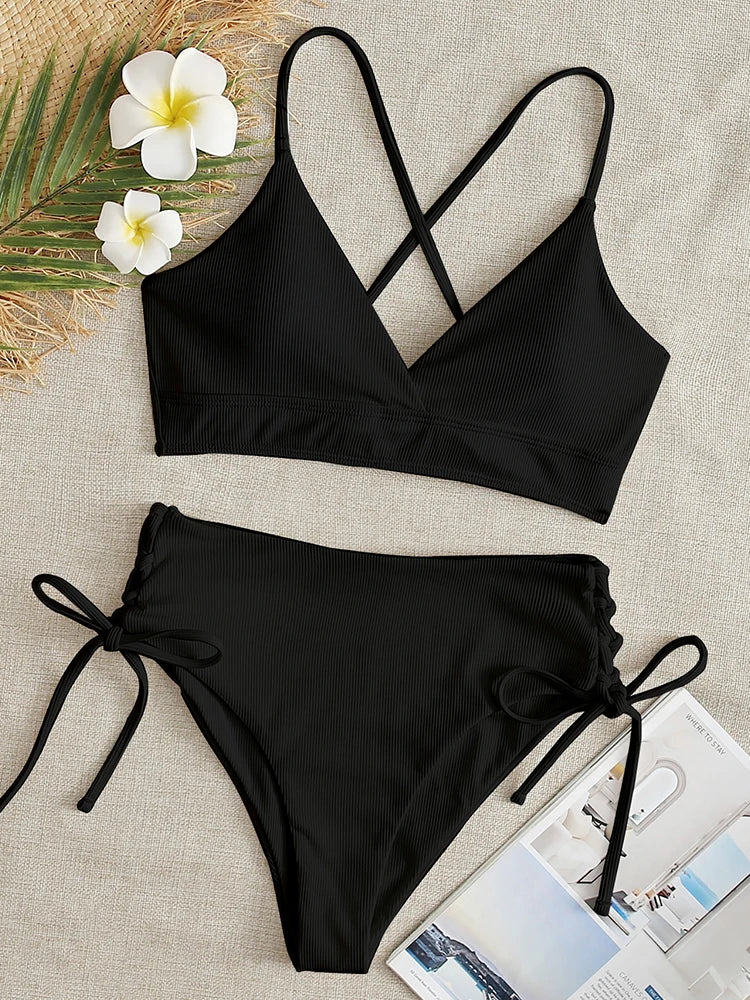 Bikini Women Swimsuit New Solid Black High Waist Bikinis Set Lace Up Bathing Suit Swimwear Summer Brazilian Beach Two Piece black