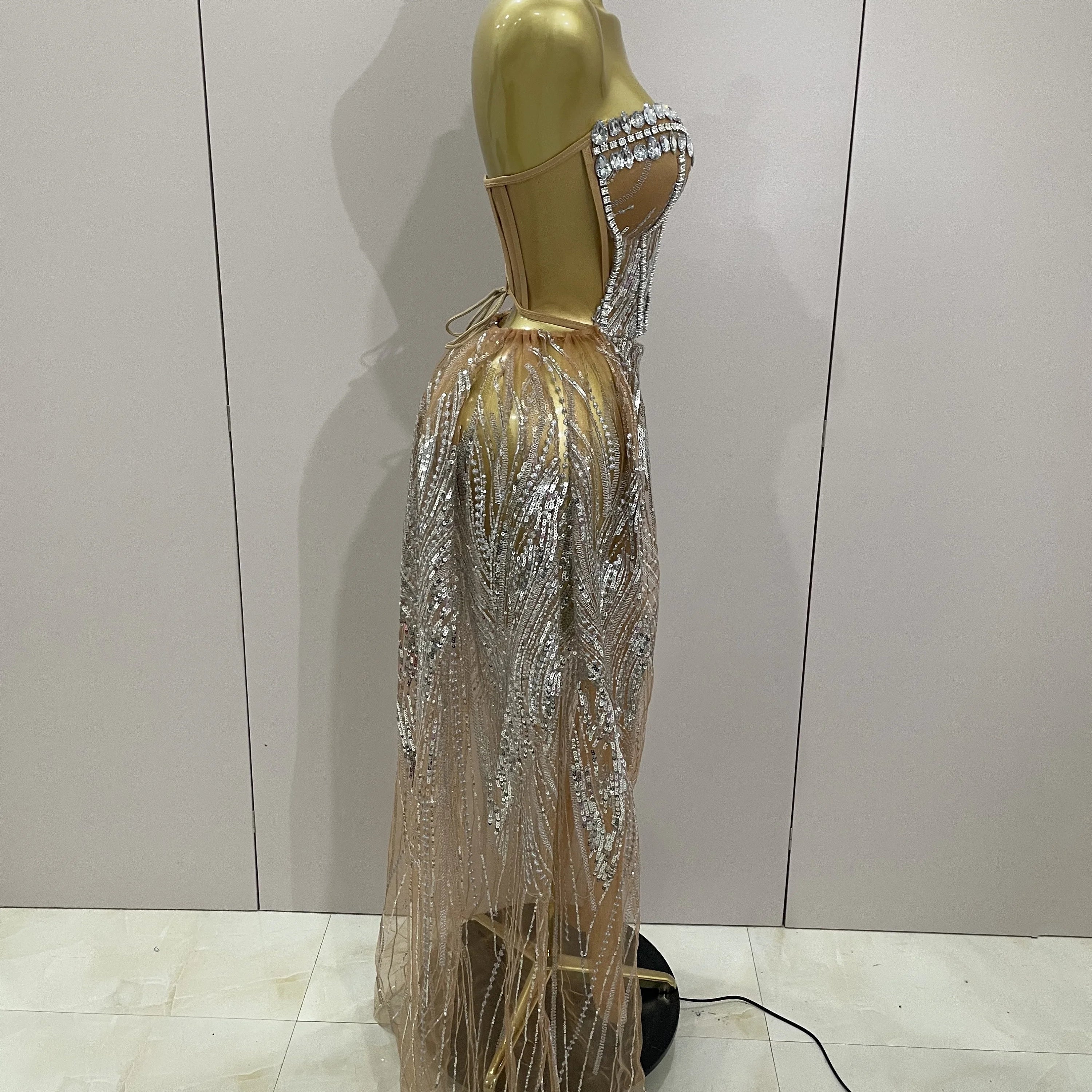 2025 Sparkly Rhinestone Sequins Sexy Strapless See-Through Long Dress Women Evening Birthday Party Dress Nightclub Stage Costume