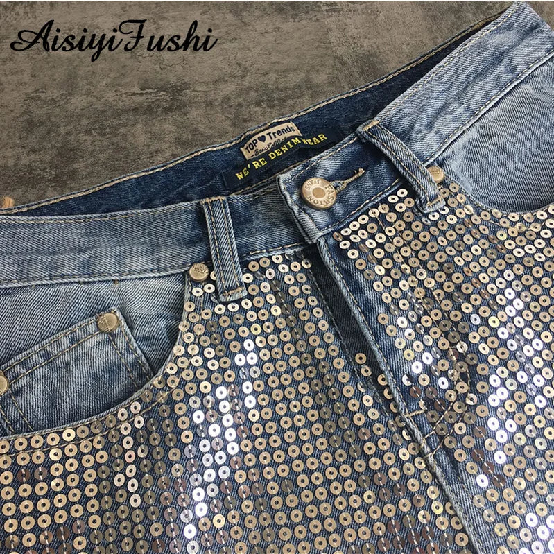 Sequin Ripped Jeans For Women Bottom Streetwear Hole Zipper Fringe Ripped Jeans Pants Women's Denim Trousers Loose Female