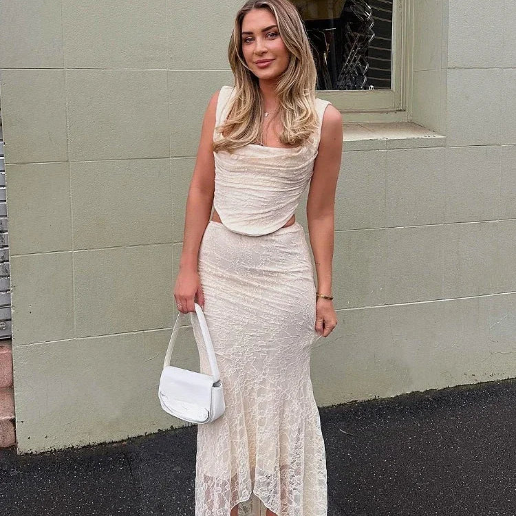 Suninheart Elegant Women 2 Piece Dress Set 2023 Maxi Wedding Guest Dress Lace Up Crop Top and Maxi Skirt Set Formal Event Dress