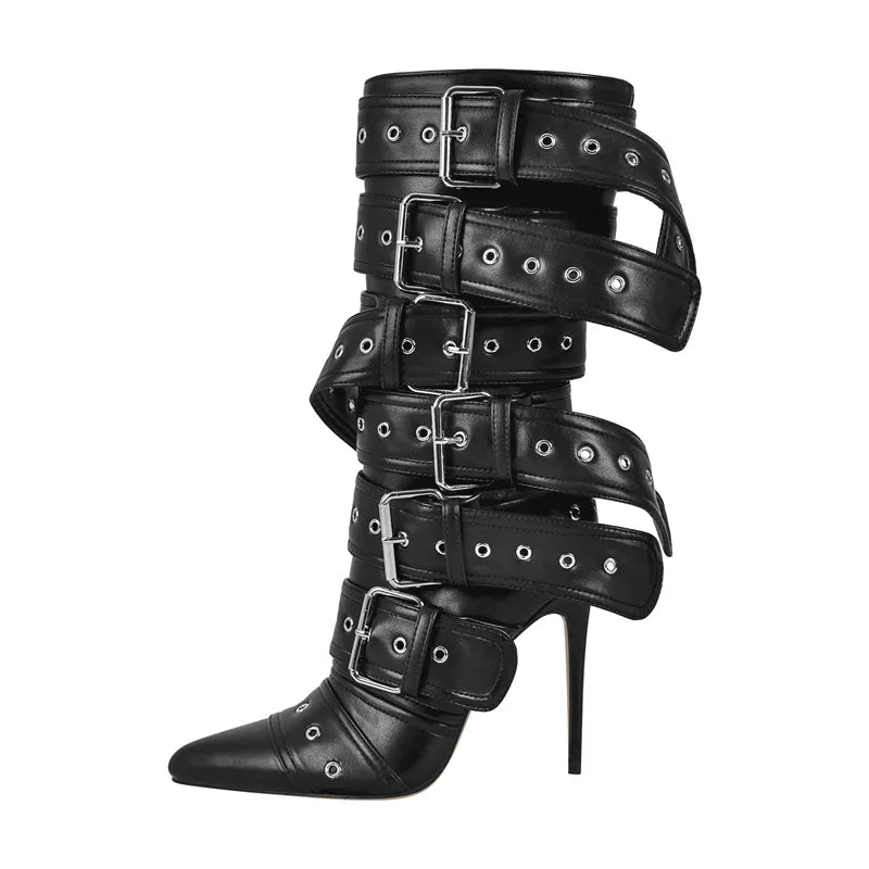 Women Pointed Toe Mid-Calf Boots Buckle Strap Thin High Heel Lady Zipper Female Stiletto Boots CD230841A