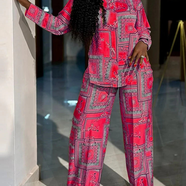 Plus Size VONDA Women Elegant Pant Sets 2025 Long Sleeve Printed Tops and Long Trousers Casual Streetwear Matching Sets