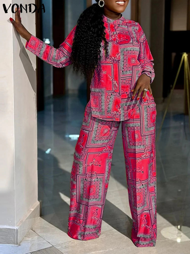 Plus Size VONDA Women Elegant Pant Sets 2025 Long Sleeve Printed Tops and Long Trousers Casual Streetwear Matching Sets