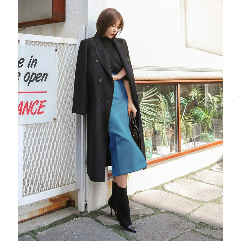 DEAT Fast Delivery New Fashion Korean Female PU Leather High Quality Mid-calf Length Spit Sexy High Waist Skirt AY095 blue