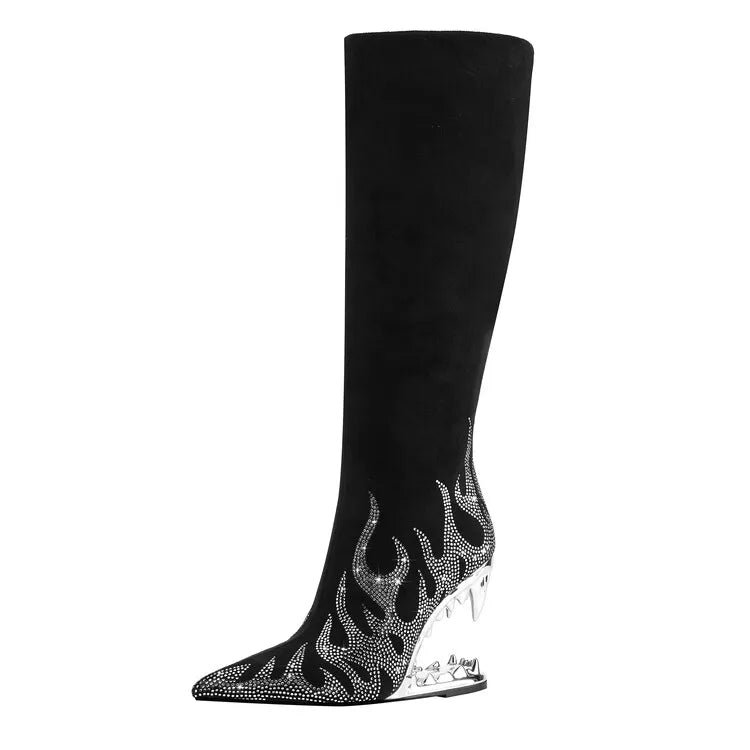 Short Plush 10cm Wolf Teeth Heel Knee Length Boots Back Zipper Pointed Colored Calf Winter Boots Silver Autumn Boots M6217-silver black